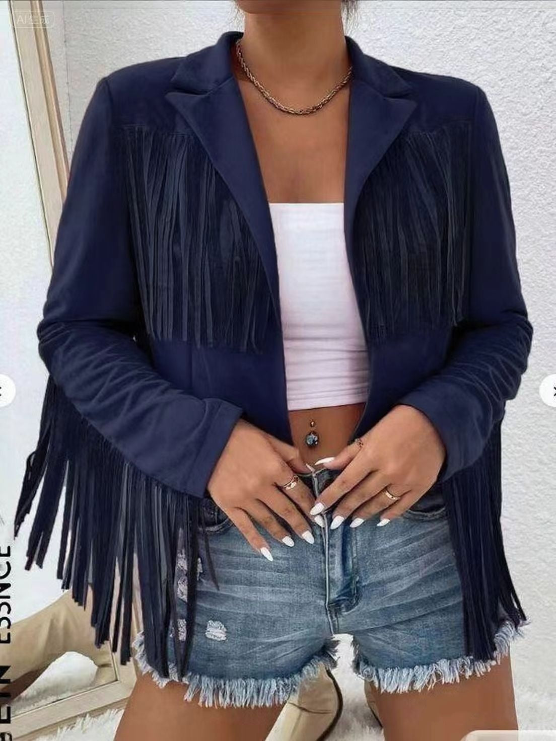 Spring And Autumn Women's V-neck Long Sleeve Fringe Jacket Solid Color Loose Short Coat