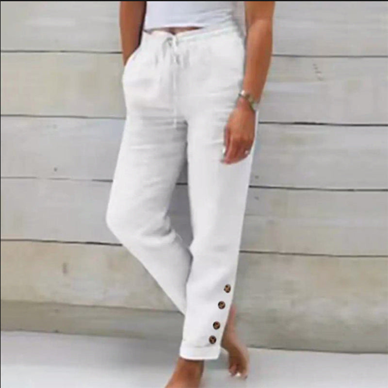 Elastic Waist Cotton Linen Straight Casual Button Trousers