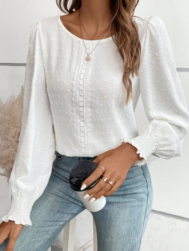 Women's Ruffled Pleated Long Sleeve Round Collar Top Shirt