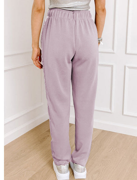 Orchid Petal Drawstring Waist Satin Stripe Patch Straight Leg High Waist Pants