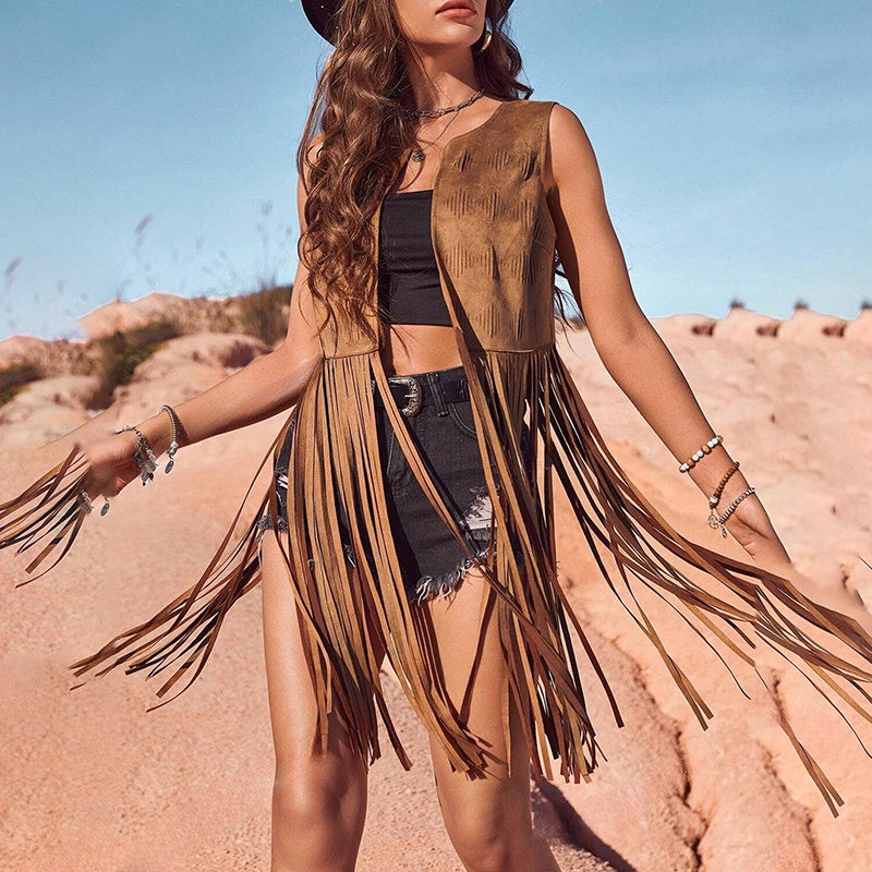 Women's Fringe Vest Sleeveless 70s Hippie Faux Suede Trim Western Cowgirl Tassel Jacket Cardigan