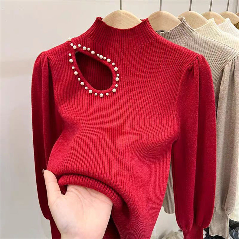 Beaded Half Turtleneck Puff Sleeve Long Sleeve Bottoming Shirt
