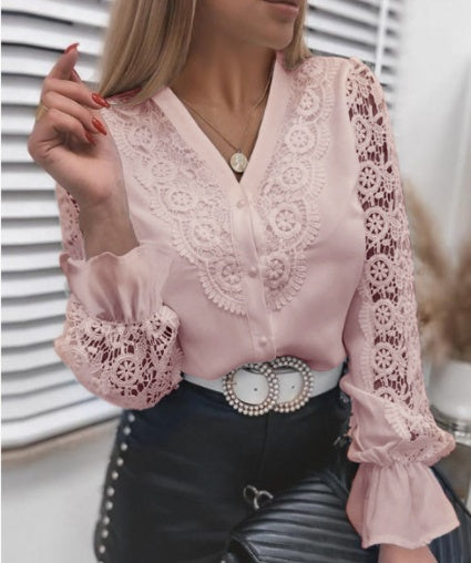 Women's Long Sleeve Lace Fashion V-neck Top