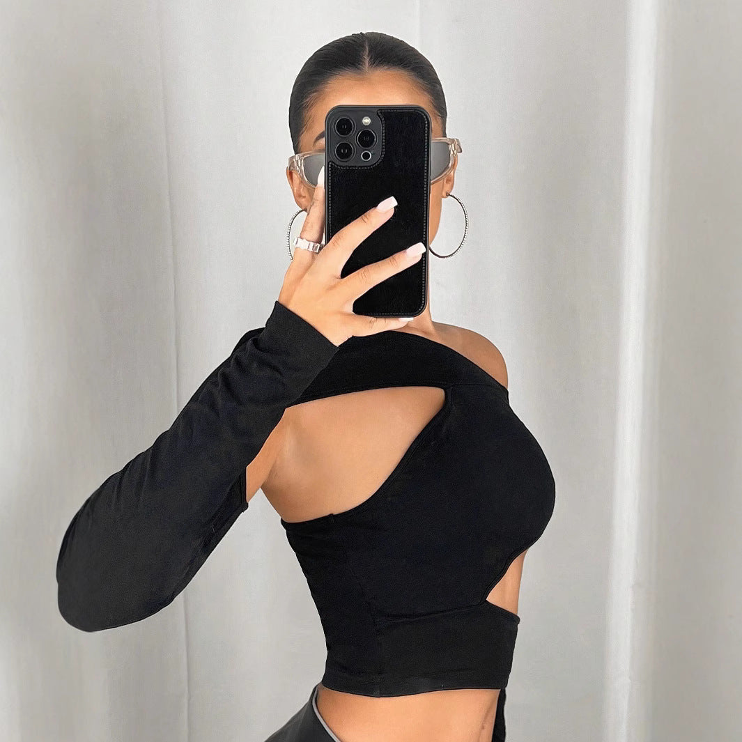 New Slim Fit Diagonal Collar Strapless Sexy Off-the-shoulder Navel T-shirt