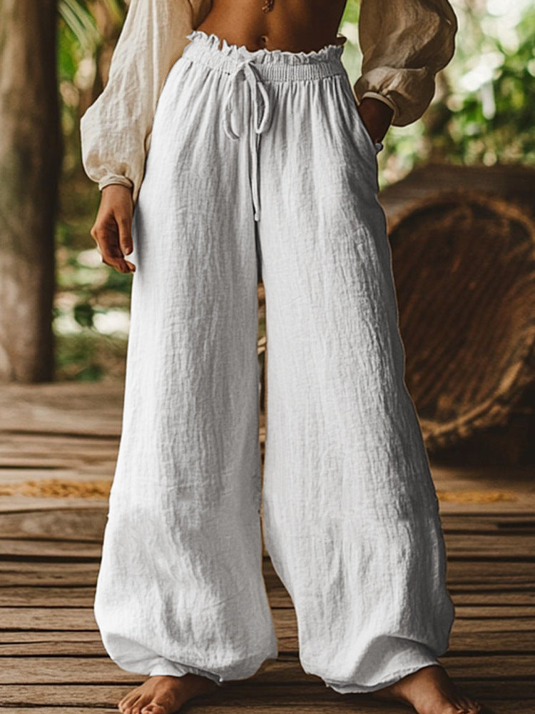 Fashion Casual Loose Artistic Pocket Drawstring Elastic Waist Wide Leg Pants