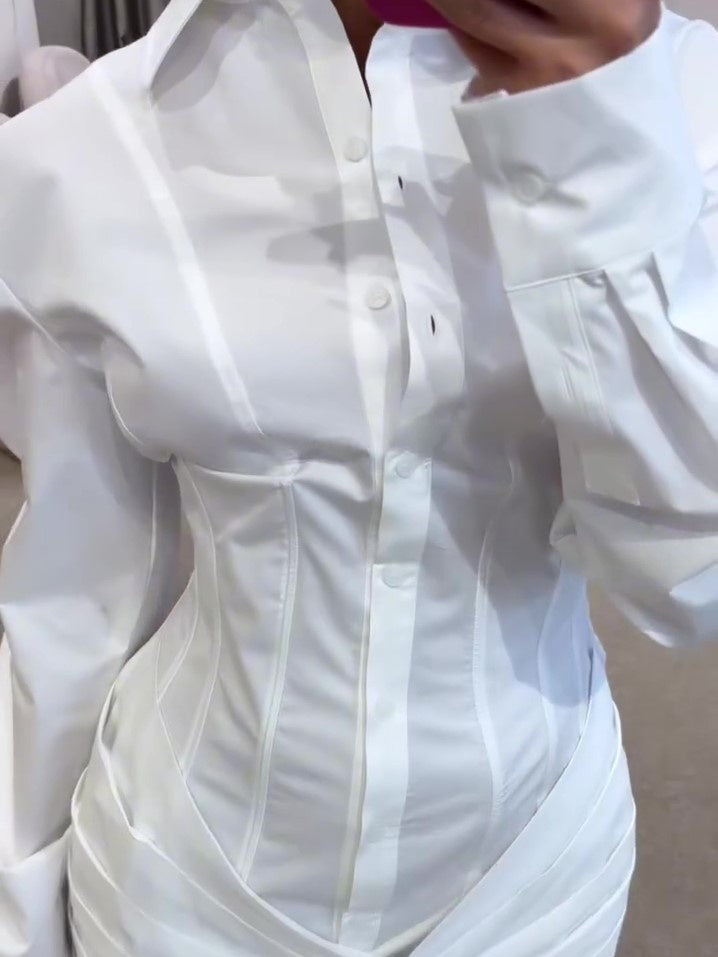 White Pleated Long Sleeve Shirt Dress