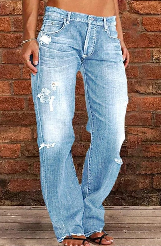 Women Men Denim Pants Casual Ripped Loose Straight Leg Jeans Trousers