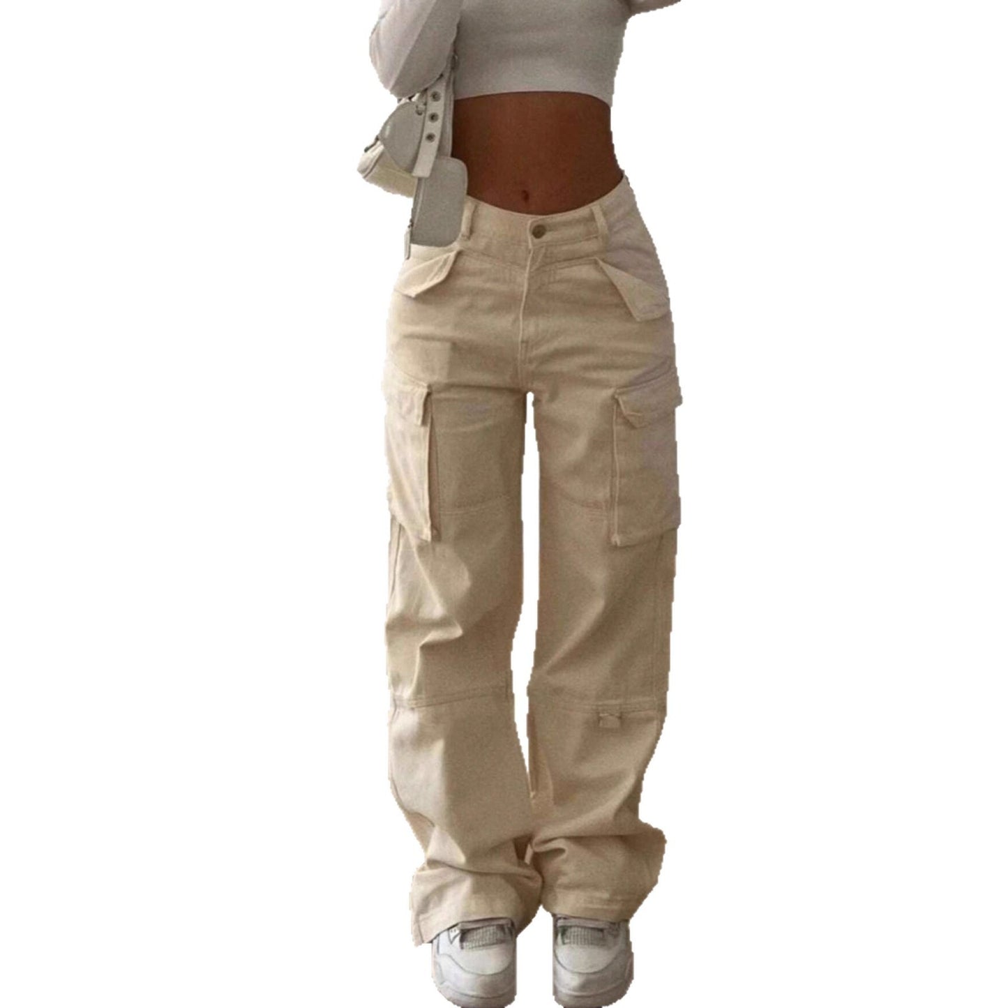 Multi-pocket Loose Slimming Mid-waist Trousers