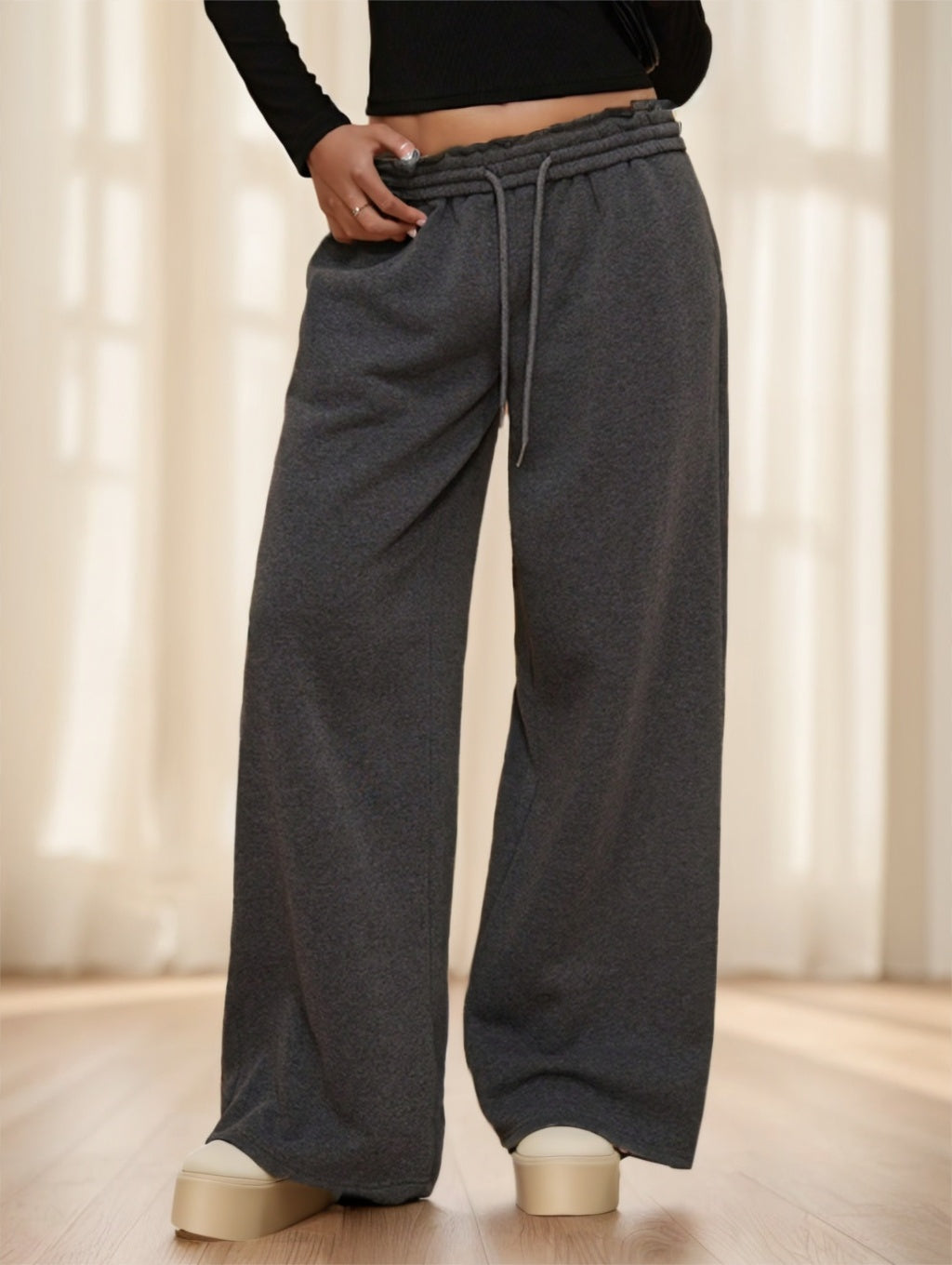 Forever 21 Autumn Winter New Thermal Lined Thick Casual Versatile High Waist Elastic Waist Loose Wide Leg Sweatpants