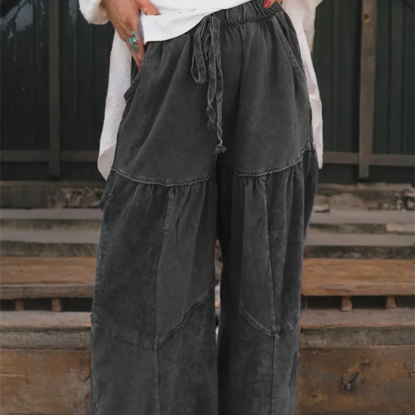 Black Mineral Wash Tiered Wide Leg Patchwork Drawstring Pants