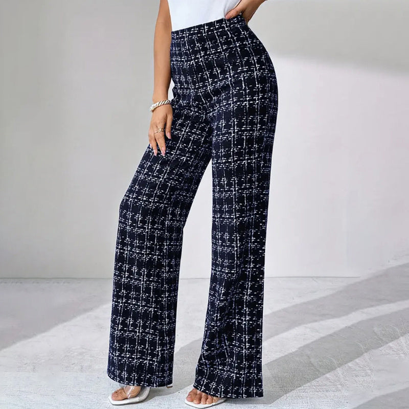 Women's Printed Check High-Waisted Straight Leg Pants - Office Casual Trousers For Spring&Fall