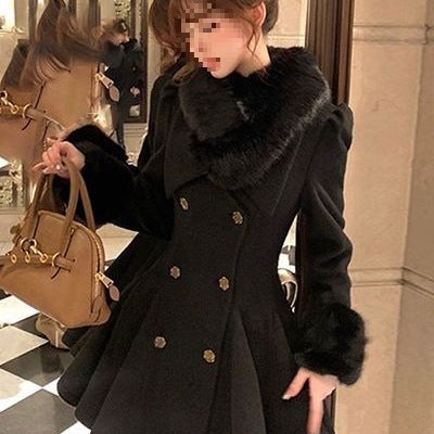 Women's Solid Color Loose Waist Cotton Wool Collar Woolen Coat