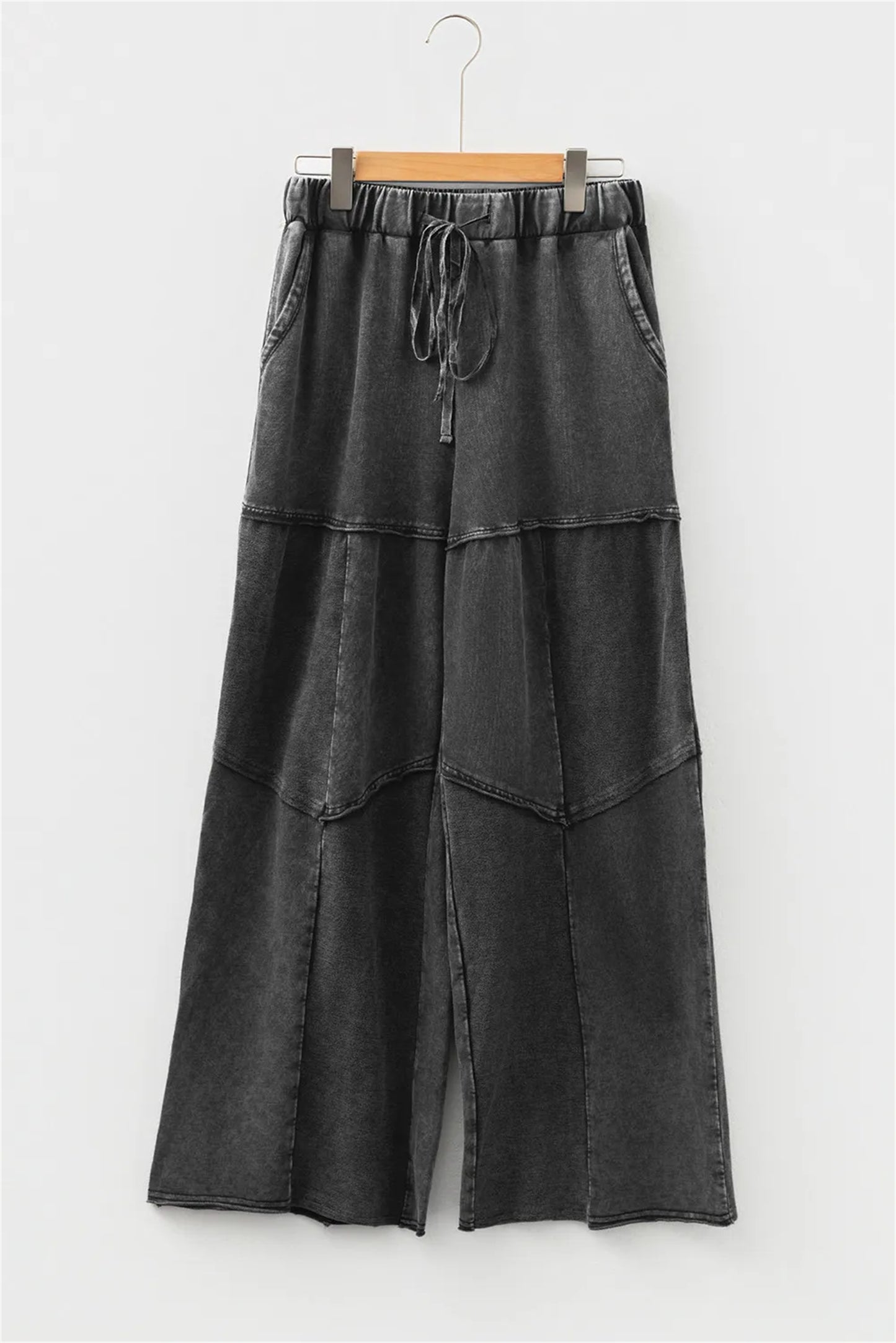 Black Mineral Wash Tiered Wide Leg Patchwork Drawstring Pants