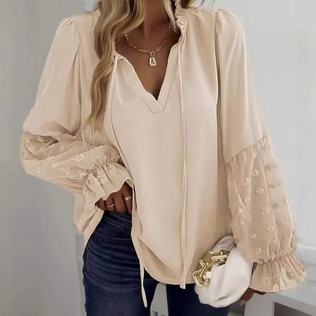 Solid Color Jacquard Long-sleeved Shirt Patchwork Top Temperament