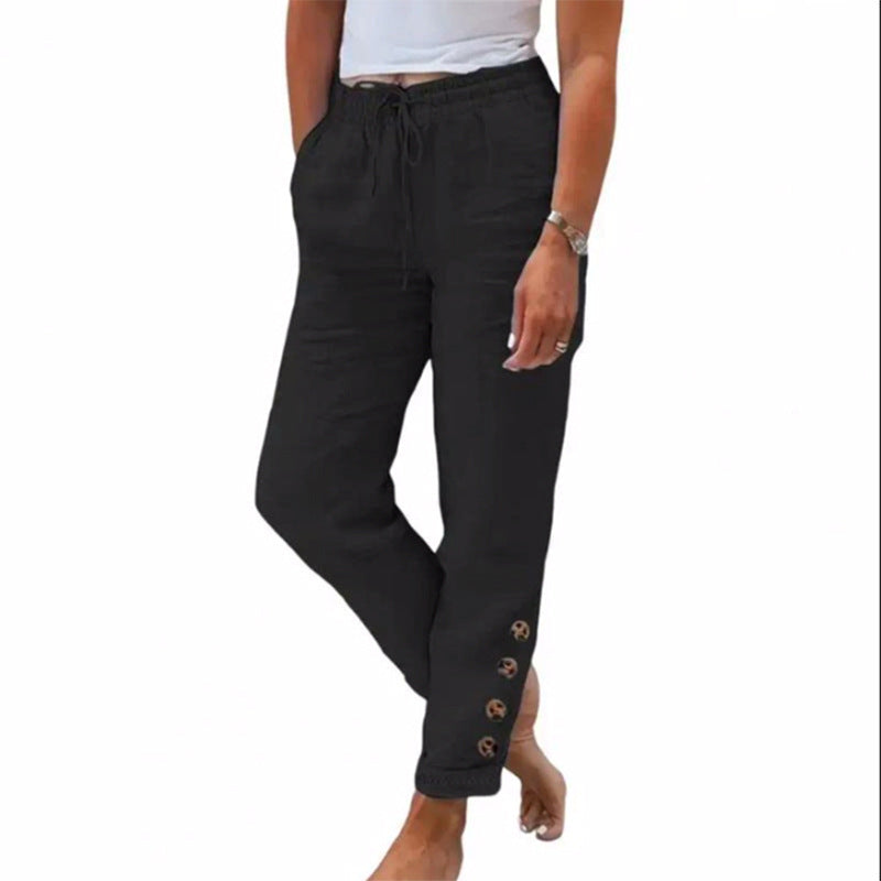Elastic Waist Cotton Linen Straight Casual Button Trousers