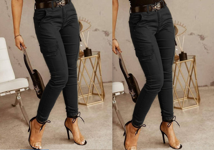 European And American Women's Trousers, Low-waisted Buttons, Solid Color Pockets