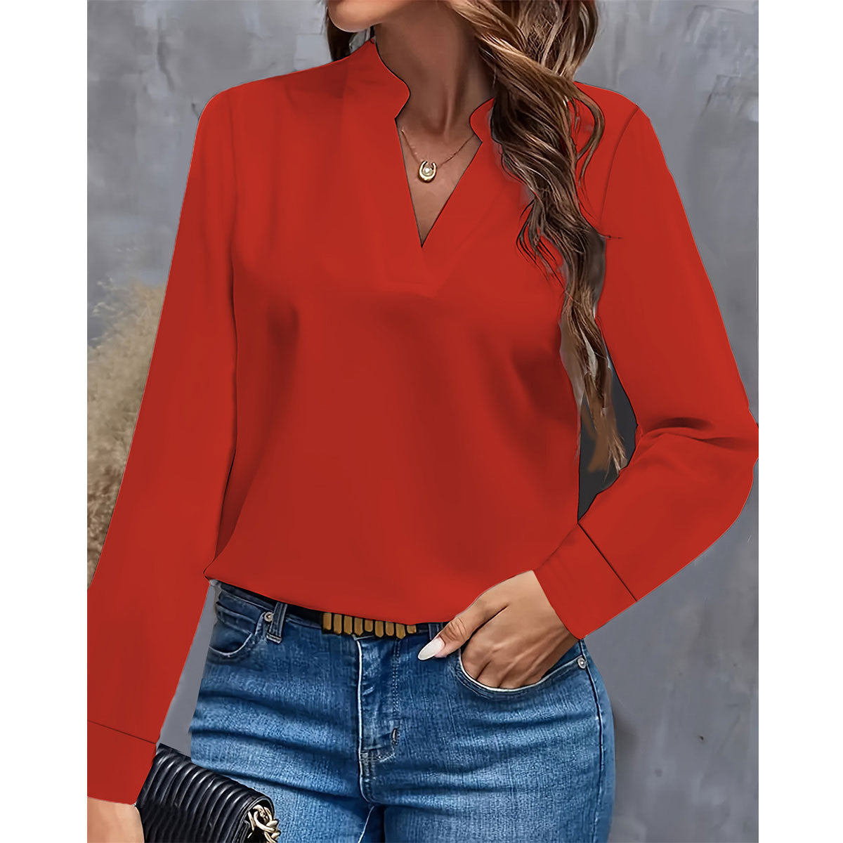 Simple Casual Solid Color And V-neck Loose Shirt Women's Top