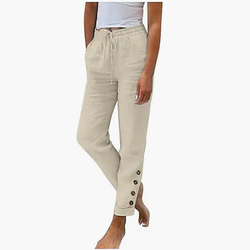 Elastic Waist Cotton Linen Straight Casual Button Trousers