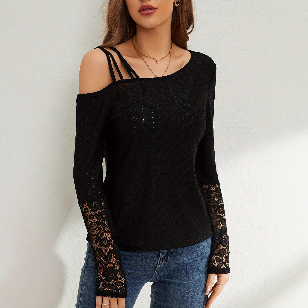 European And American Asymmetric Cross Off-shoulder Design Lace Stitching Coat