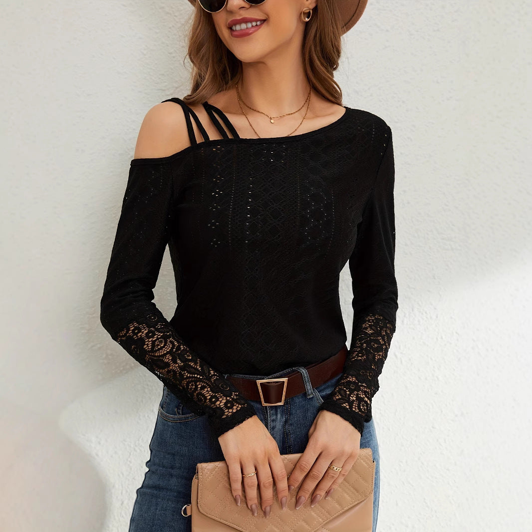 European And American Asymmetric Cross Off-shoulder Design Lace Stitching Coat