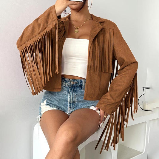 Women's Solid Color Fashion Lapel Loose Fit Fringe Long Sleeve Jacket - Stylish Tassel Detail On Chest & Sleeves For Fall&Winter Casual Wear