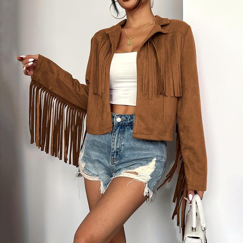 Women's Solid Color Fashion Lapel Loose Fit Fringe Long Sleeve Jacket - Stylish Tassel Detail On Chest & Sleeves For Fall&Winter Casual Wear