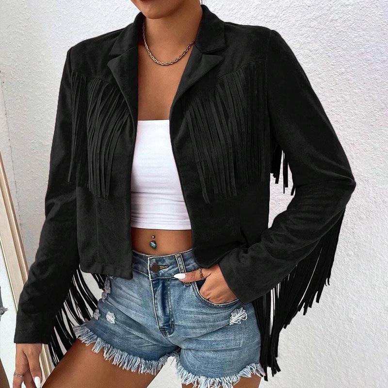 Women's Solid Color Fashion Lapel Loose Fit Fringe Long Sleeve Jacket - Stylish Tassel Detail On Chest & Sleeves For Fall&Winter Casual Wear