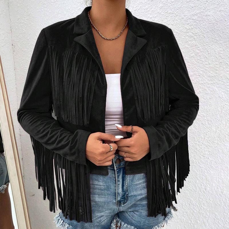 Women's Solid Color Fashion Lapel Loose Fit Fringe Long Sleeve Jacket - Stylish Tassel Detail On Chest & Sleeves For Fall&Winter Casual Wear