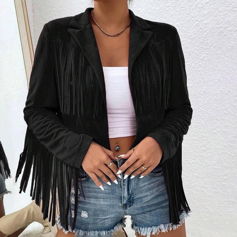 Women's Solid Color Fashion Lapel Loose Fit Fringe Long Sleeve Jacket - Stylish Tassel Detail On Chest & Sleeves For Fall&Winter Casual Wear