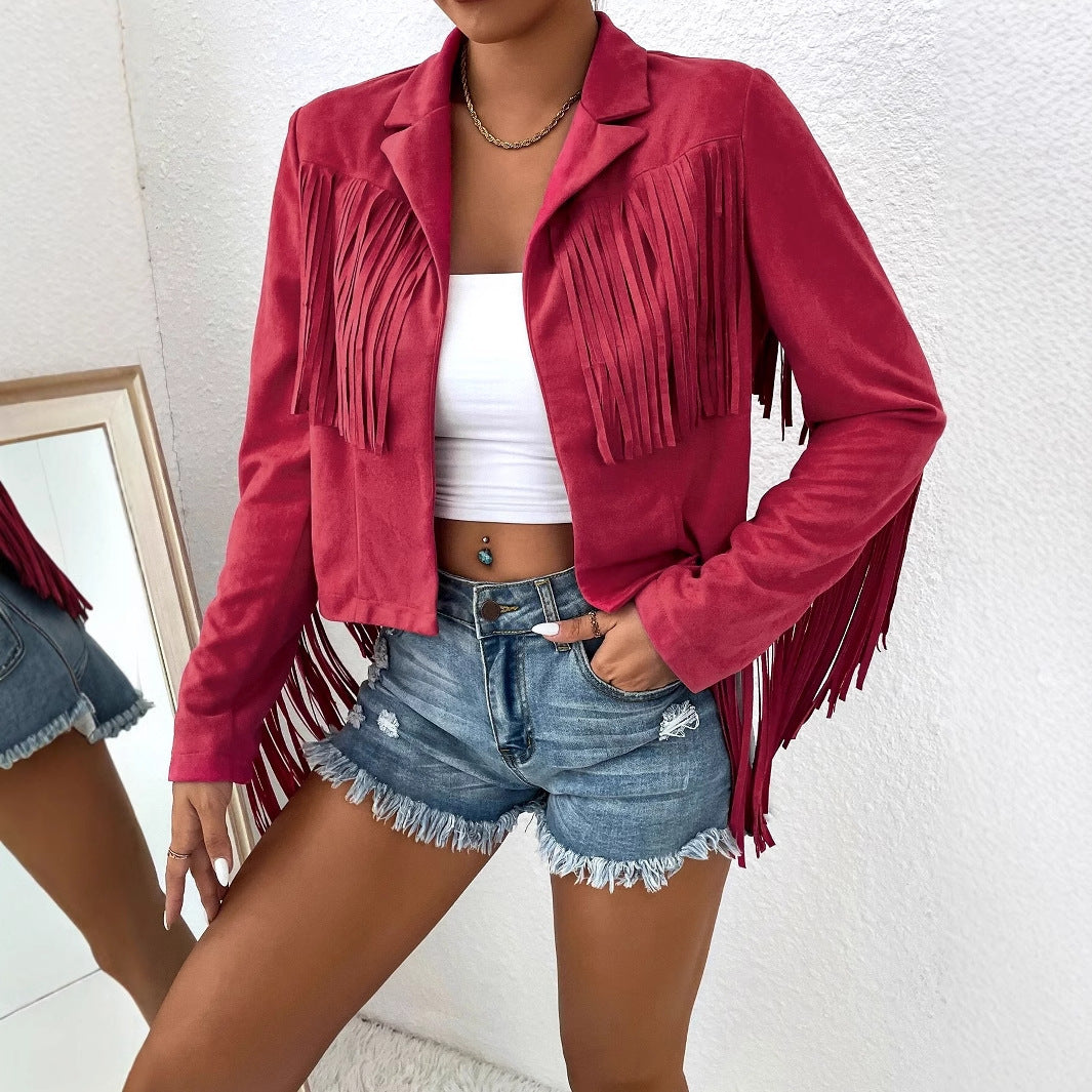 Spring And Autumn Women's V-neck Long Sleeve Fringe Jacket Solid Color Loose Short Coat