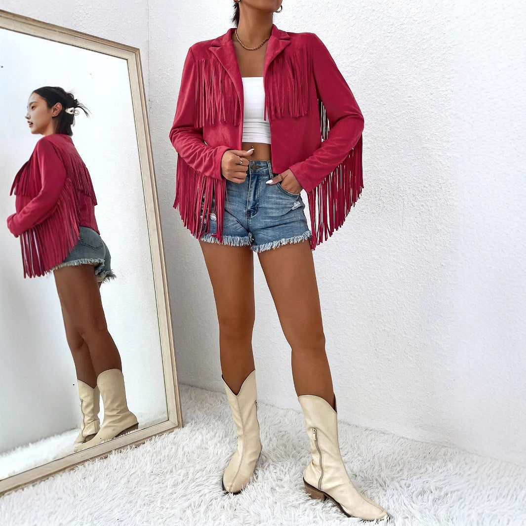 Spring And Autumn Women's V-neck Long Sleeve Fringe Jacket Solid Color Loose Short Coat