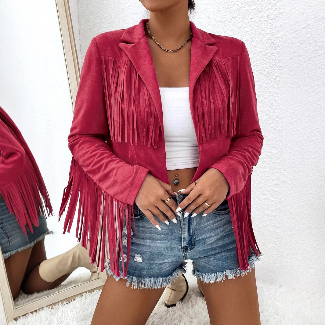 Spring And Autumn Women's V-neck Long Sleeve Fringe Jacket Solid Color Loose Short Coat