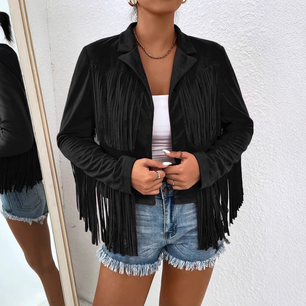 Spring And Autumn Women's V-neck Long Sleeve Fringe Jacket Solid Color Loose Short Coat