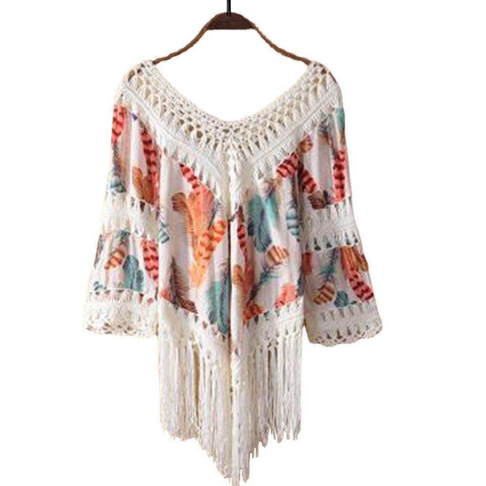 Printed Stitching Tassel Bikini Beach Shirt