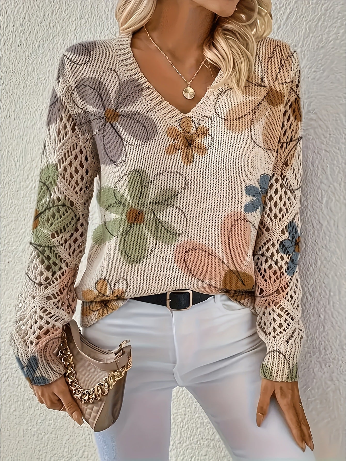 Elegant Bohemian Floral V-neck Long Sleeve Fashion Printed Sweater