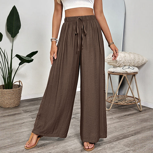 Casual Simple Style Lace-up Embroidered Loose Wide-leg Pants