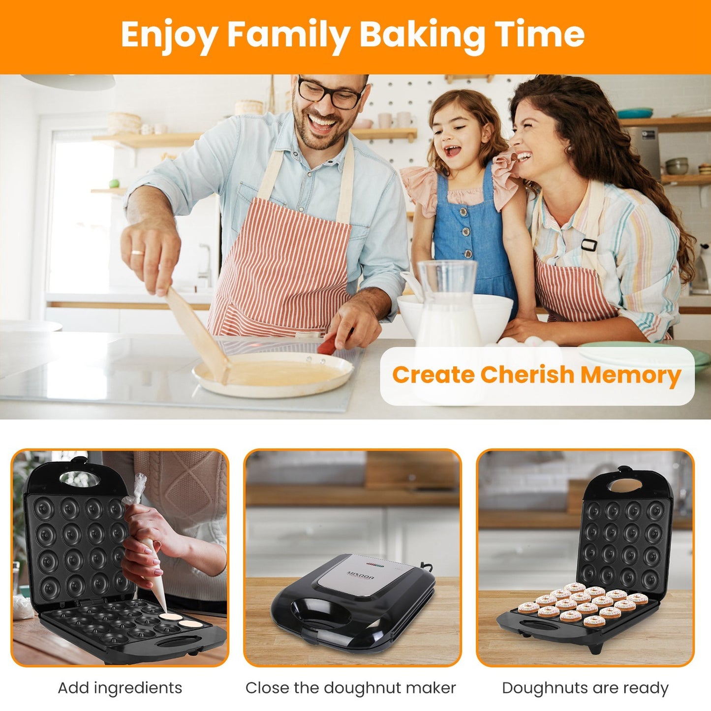 1Pc Mini Donut Maker Machine For Kids Snack Breakfast Desserts With 16 Doughnuts Holes Non Stick Coating Double-Side Heating Plates Overheating Protection