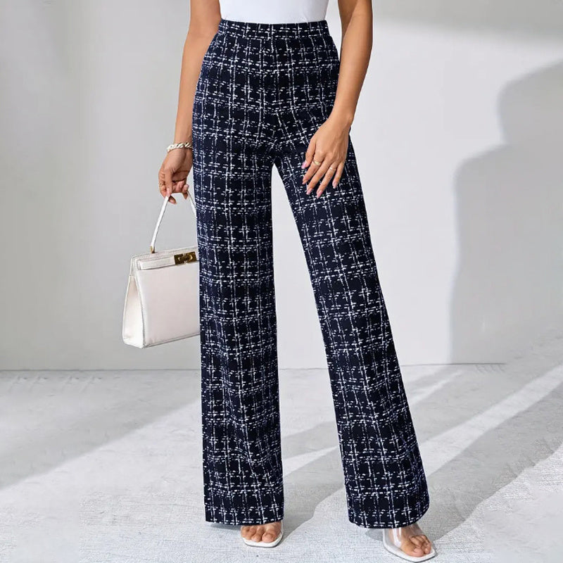 Women's Printed Check High-Waisted Straight Leg Pants - Office Casual Trousers For Spring&Fall