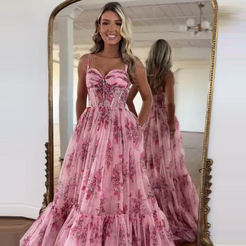 Cinched Waist Slim-fit Fashion Printed Large Swing Dress