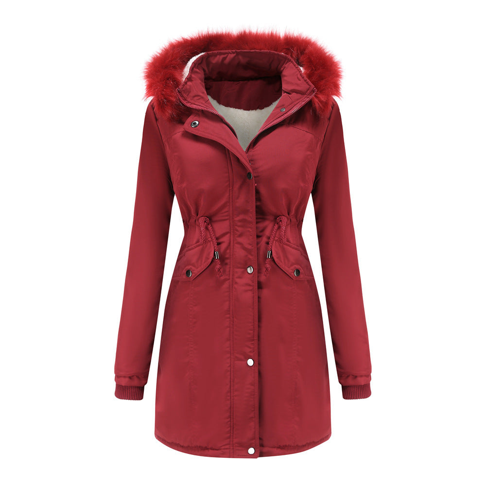 Women's Cotton Plus Velvet Detachable Hat Big Fur Collar Coat