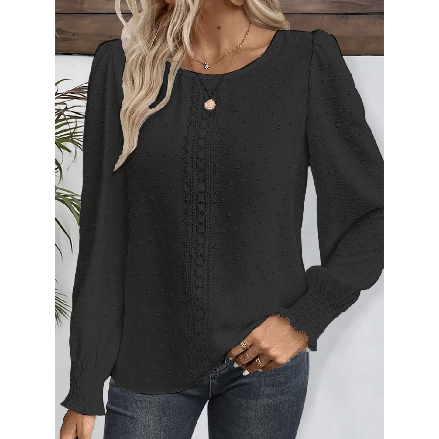 Women's Ruffled Pleated Long Sleeve Round Collar Top Shirt