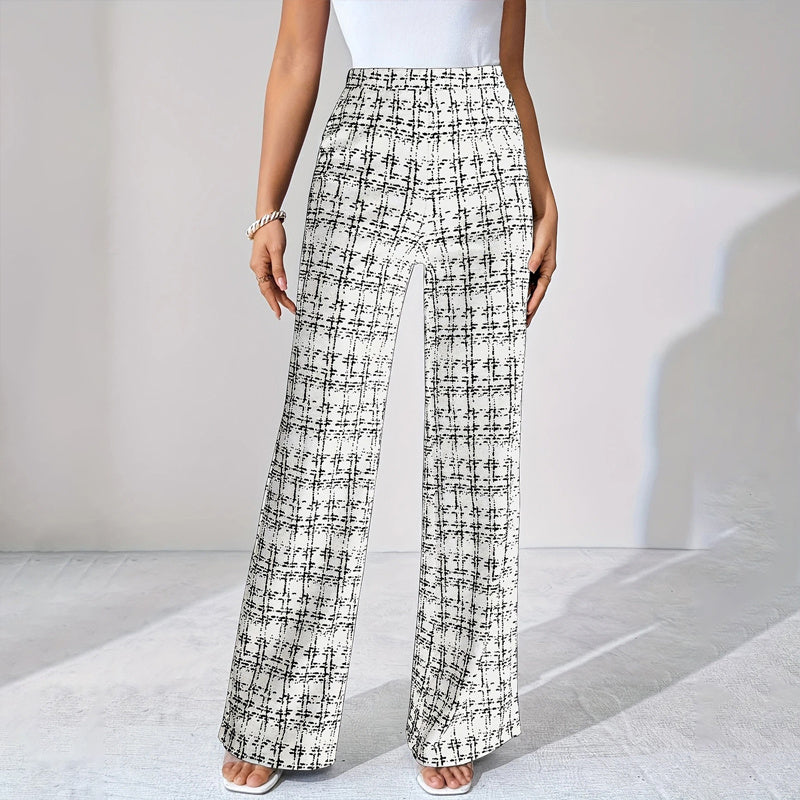 Women's Printed Check High-Waisted Straight Leg Pants - Office Casual Trousers For Spring&Fall