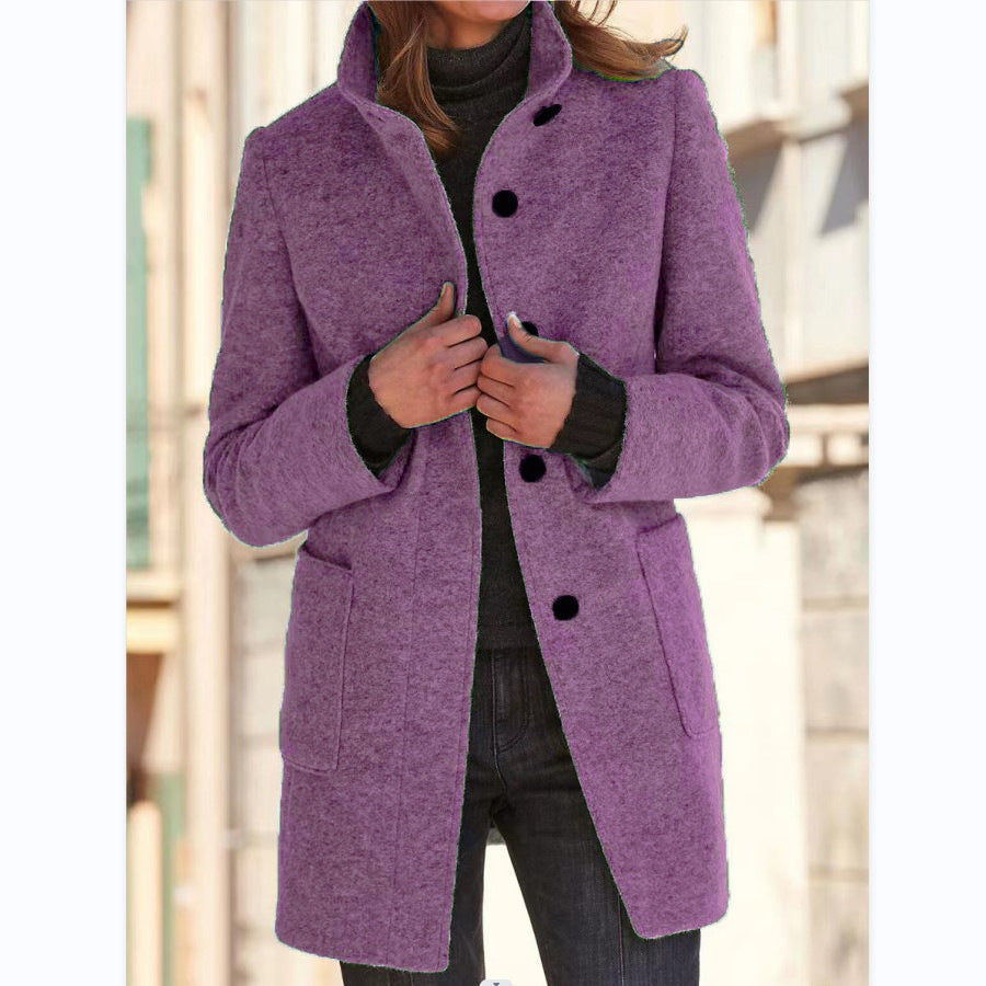 Stand Collar Woolen Coat With Pockets Fall Casual Button Outwear