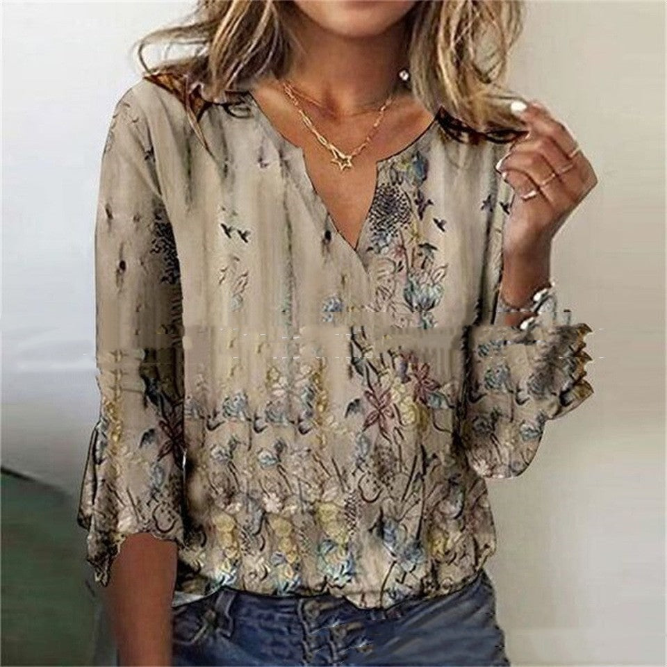 V Neck Printed Flare Sleeve T Shirt
