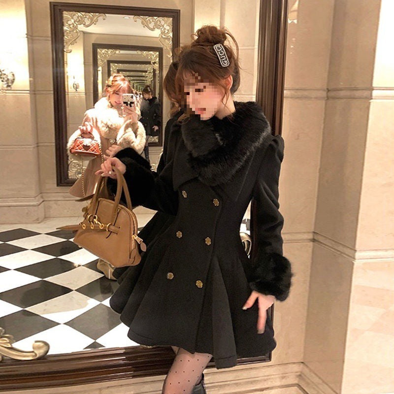 Women's Solid Color Loose Waist Cotton Wool Collar Woolen Coat