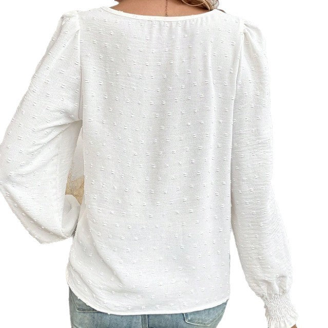 Women's Ruffled Pleated Long Sleeve Round Collar Top Shirt