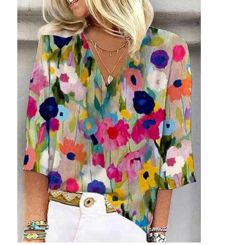 V Neck Printed Flare Sleeve T Shirt