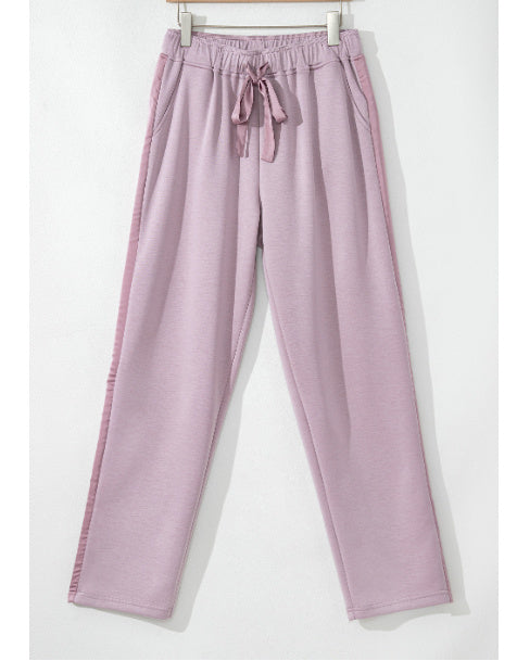 Orchid Petal Drawstring Waist Satin Stripe Patch Straight Leg High Waist Pants