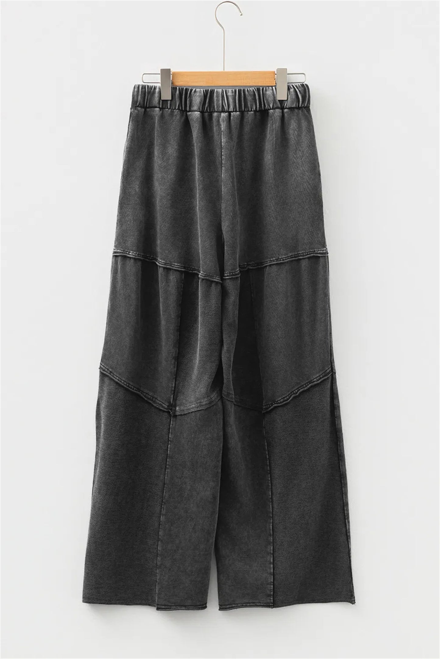 Black Mineral Wash Tiered Wide Leg Patchwork Drawstring Pants