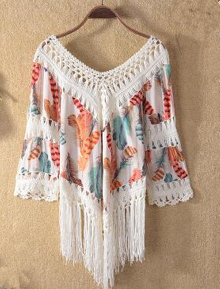 Printed Stitching Tassel Bikini Beach Shirt